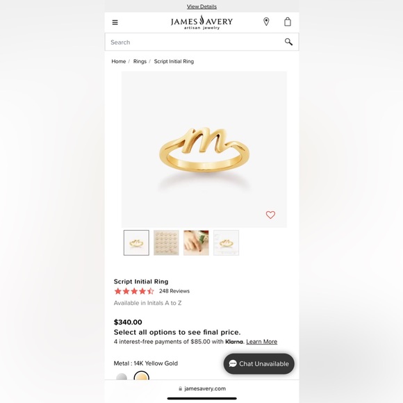 James Avery 14KT Yellow Gold Script Initial Ring - Size 8 - Picture 2 of 4